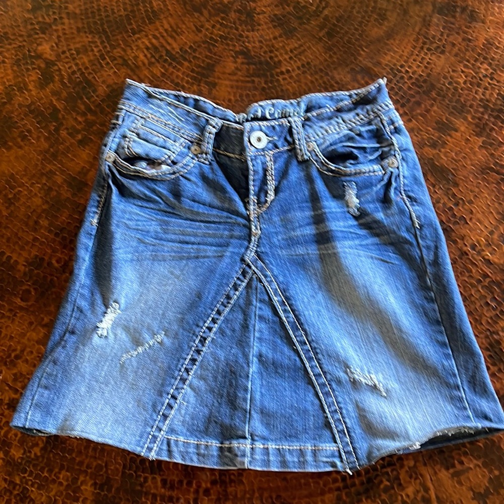 EUC Red Camel distressed jean skirt